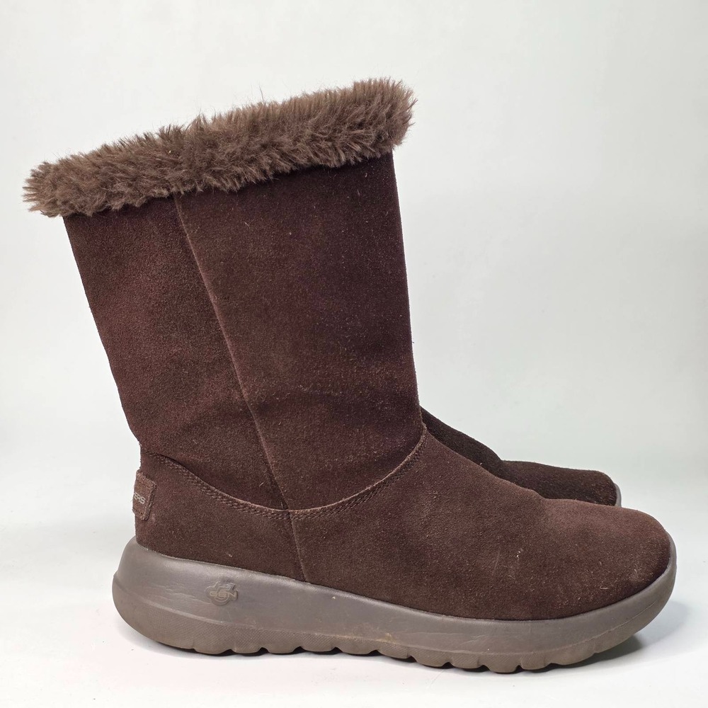 Skechers‎ Goga Mat Women's Boots Size 6.5 Brown Suede Mid Pull On Faux Fur Shoes